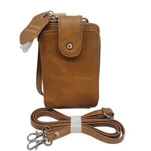 NWT Roma Leather Phone Pouch w Credit Card Slots Crossbody Purse Wallet Brown